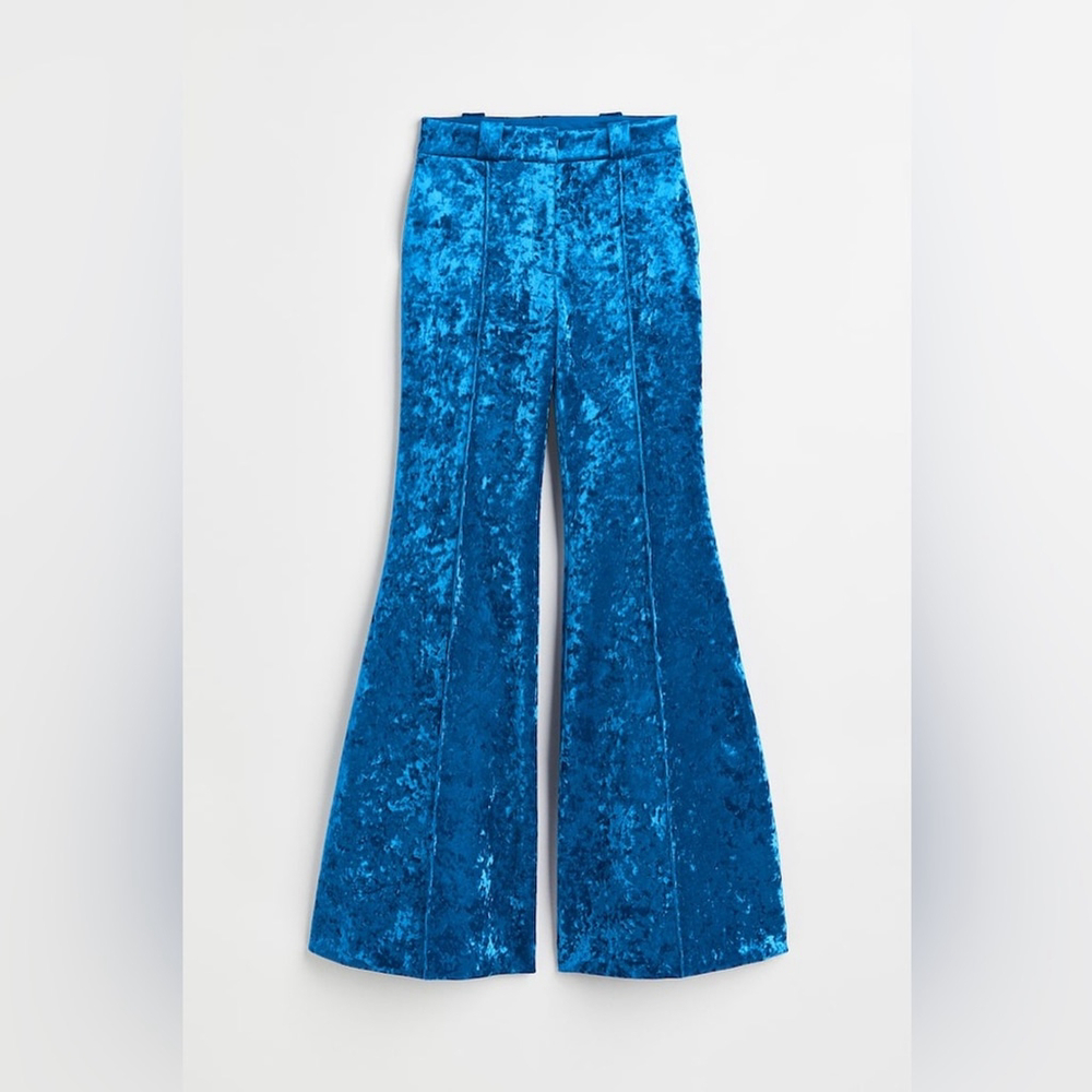 H&M Sz 6 Studio 2022 Blue Crushed Velvet Flare High Waisted Pants